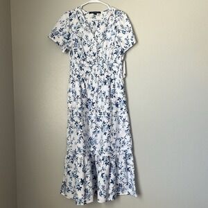 French Connection Women's Small Tiered Maxi Dress Navy‎ Blue White Floral V Neck